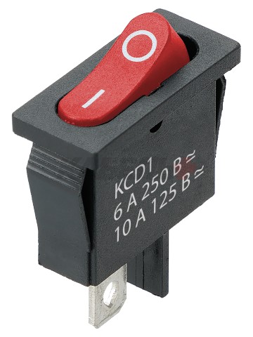 KCD1-101B 250В AC/DC, 1P, 6А, (2с), ON-OFF, черный корпус, красная клавиша, Mini TDM