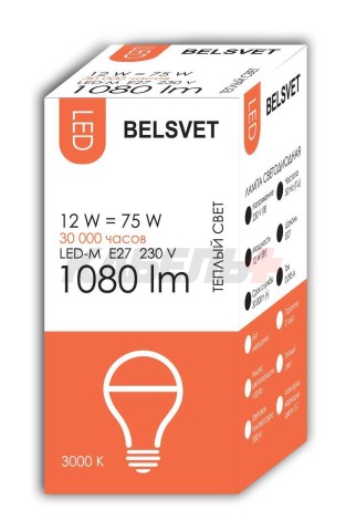 Лампа светодиодная LED-M A60 12 W 3000 К Е27 Belsvet в красочной упаковке