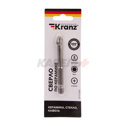 Сверло по стеклу и керамике 8 мм, 4 грани, шестигранный хвостовик KRANZ