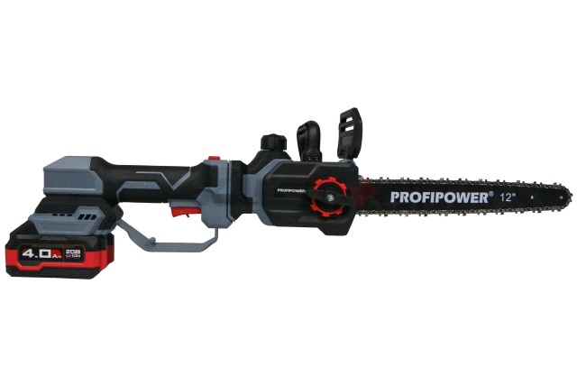 Аккумуляторная бесщеточная цепная пила E0285 PROFIPOWER PL-12 с штангой телескопической (20В,12", Li-ion-2шт, 4.0Ач, 0-5800 об/мин,З/У, в коробке)