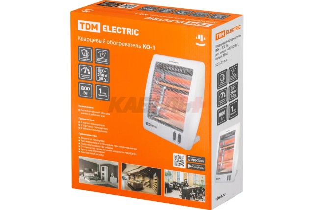 Кварцевый обогреватель КО-1, 800 Вт, рег. мощн. (400/800 Вт), белый, TDM