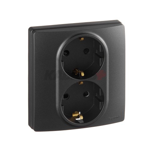 INSPIRIA Розетка 2-местная с заземлением с защитными шторками 16А безвинтовое крепление в сборе антрацит