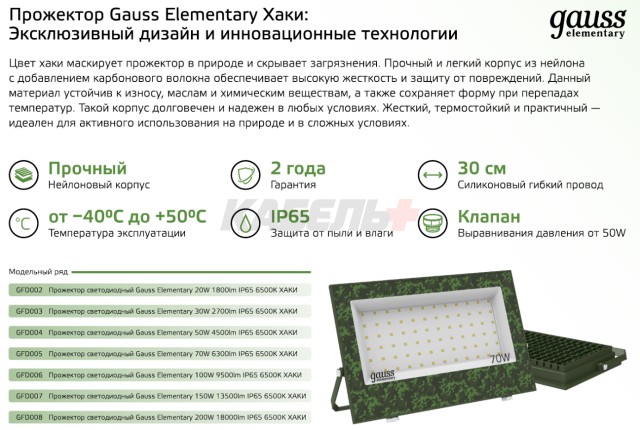 Прожектор светодиодный Gauss Elementary 100W 9500lm IP65 6500К ХАКИ 1/20