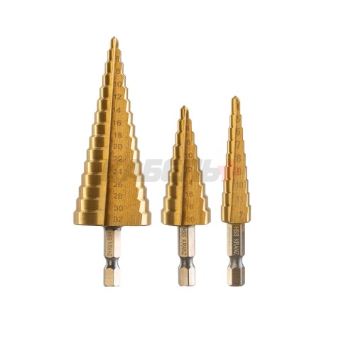 Набор ступенчатых сверл, 4-12,4-20,4-32мм, HSS-TiN, ТИТАН, 3 шт. KRANZ