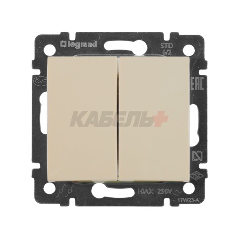 VALENA Выключатель 2-клавишный проходной схема 6/2 10А безвинтовое крепление слоновая кость