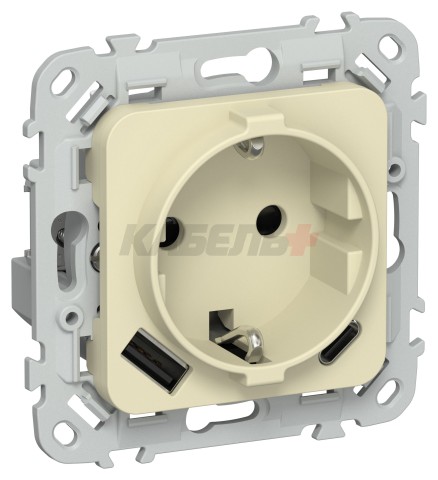 FLITE Розетка 1-местная с заземлением с защитными шторками 16А с USB A+C 20Вт РСЮшс11-0-ФлН навахо IEK