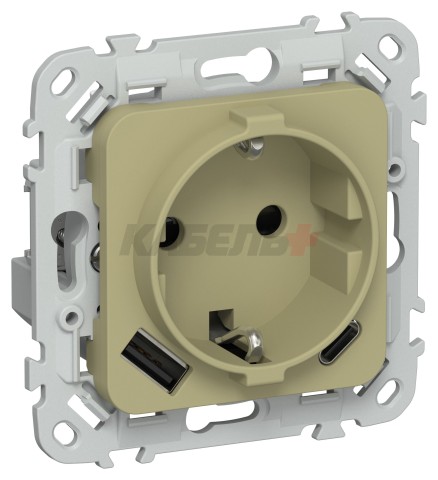 FLITE Розетка 1-местная с заземлением с защитными шторками 16А с USB A+C 20Вт безвинтовое крепление РСЮшс11-1-ФлО оливковый IEK
