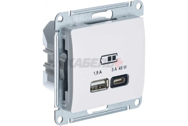 GLOSSA USB РОЗЕТКА A + тип-C 45W высокоскорост. зарядка QC, PD, механизм, БЕЛЫЙ