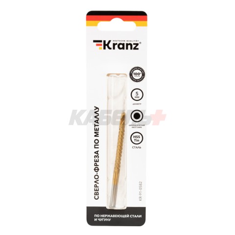 Сверло-фреза по металлу 5мм, HSS, ТИТАН, цилиндрический хвостовик (1 шт/уп) KRANZ