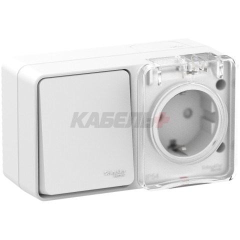 ATLASDESIGN PROFI IP54 О/У БЛОК: РОЗЕТКА с заземл. со шт., 16А, ВЫКЛЮЧАТЕЛЬ 1-клав., 10АХ, БЕЛЫЙ