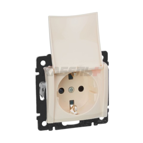 VALENA Розетка 1-местная с заземлением с защитными шторками и крышкой 16А IP20 слоновая кость