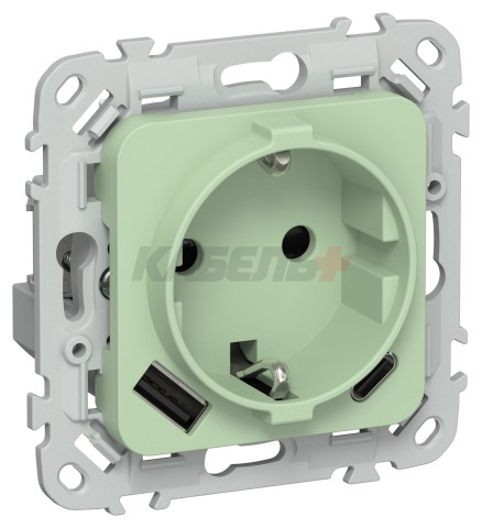FLITE Розетка 1-местная с заземлением с защитными шторками 16А с USB A+C 20Вт РСЮшс11-0-ФлФ фисташковый IEK