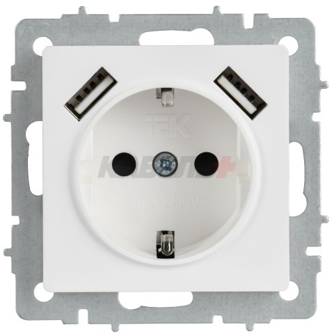 BRITE Розетка 1-местная с заземлением с защитными шторками 16А с USB A+A 5В 3,1А РЮш10-2-БрАБ арктический белый IEK