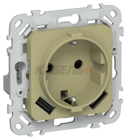 FLITE Розетка 1-местная с заземлением с защитными шторками 16А с USB A+A 3,1А безвинтовое крепление РСЮша11-1-ФлО оливковый IEK