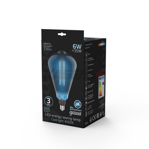 Лампа Gauss Filament ST164 6W 330lm 4000К Е27 gray straight LED 1/6