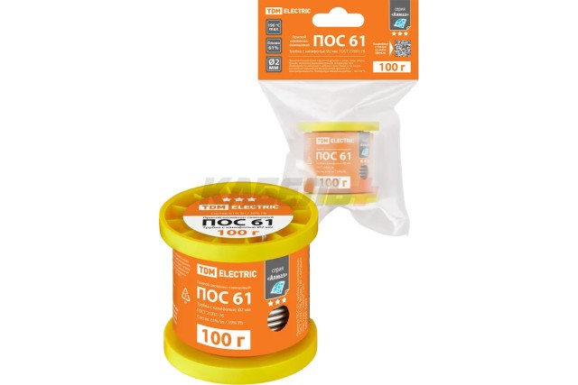 Припой ПОС 61, трубка с канифолью, ГОСТ 21931-76, Ø2 мм, 100 г, катушка, инд. упак., "Алмаз" TDM