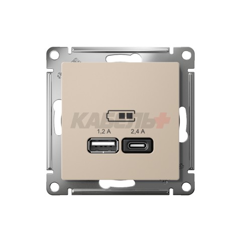 ATLASDESIGN USB РОЗЕТКА А+С, 5В/2,4А, 2х5В/1,2А, механизм, ПЕСОЧНЫЙ