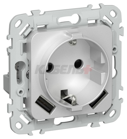 FLITE Розетка 1-местная с заземлением с защитными шторками 16А с USB A+A 3,1А безвинтовое крепление РСЮша11-1-ФлА алюминий IEK