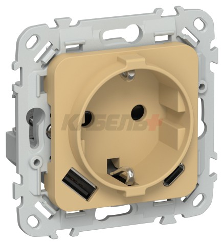 FLITE Розетка 1-местная с заземлением с защитными шторками 16А с USB A+C 20Вт РСЮшс11-0-ФлШм шамуа IEK