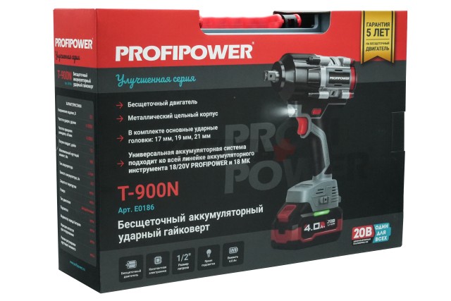 Аккумуляторный бесщеточный ударный гайковерт E0186 PROFIPOWER T-900N (20В, Li-ion-1шт, 4.0Ач, 900Нм, ударные головки 17/19/21мм, З/У, в кейсе)