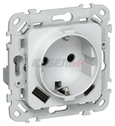 FLITE Розетка 1-местная с заземлением с защитными шторками 16А с USB A+C 20Вт РСЮшс11-0-ФлЖ жемчуг IEK