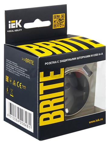 BRITE Розетка 1-местная с заземлением с защитными шторками 16А с USB A+A 5В 3,1А РЮш10-2-БрШ шампань IEK