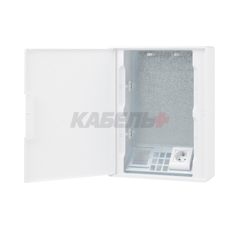 Щиток 24 мод настенный слаботочный FRAME, белый, с белой дверцей, с монтажной платой, 1 розеткой (арт. 76482B) и установочной рамкой DKC