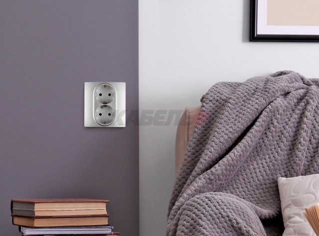 INSPIRIA Розетка 2-местная с заземлением с защитными шторками 16А безвинтовое крепление в сборе алюминий