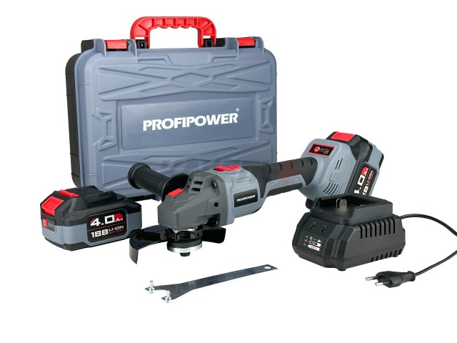 Аккумуляторная бесщеточная E0080 УШМ PROFIPOWER MKDGA-20V (20В, Li-ion-2шт, 4Ач, 125 мм, 0-9000 об/мин, З/У, кейс)