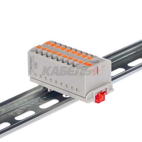 Блок распределительный с верт. адаптером на рейки шириной 15/35мм, зажим push-in, 1 ввод 6 кв.мм, 18 точек подключения 2,5 кв.мм, серый DKC