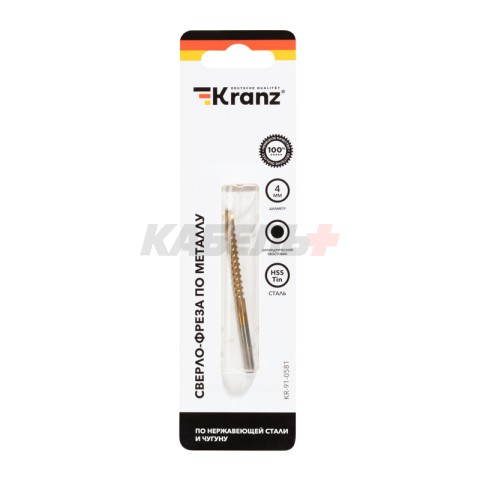 Сверло-фреза по металлу 4мм, HSS, ТИТАН, цилиндрический хвостовик (1 шт/уп) KRANZ