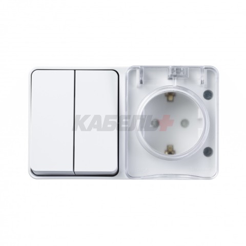 ATLASDESIGN PROFI IP54 О/У БЛОК: РОЗЕТКА с заземл. со шт., 16А, ВЫКЛЮЧАТЕЛЬ 2-клав., 10АХ, БЕЛЫЙ