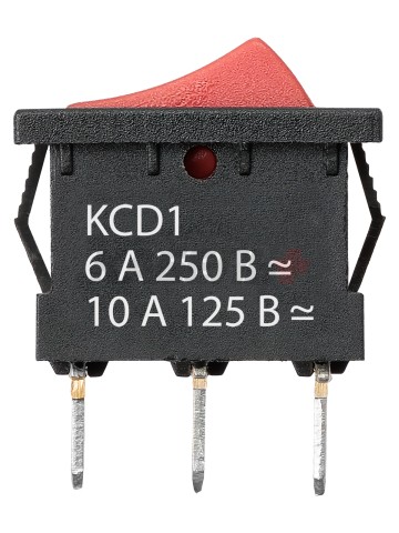 KCD1-102 250В AC/DC, 1P, 6А, (3с), ON-ON, черный корпус, красная клавиша, Mini TDM