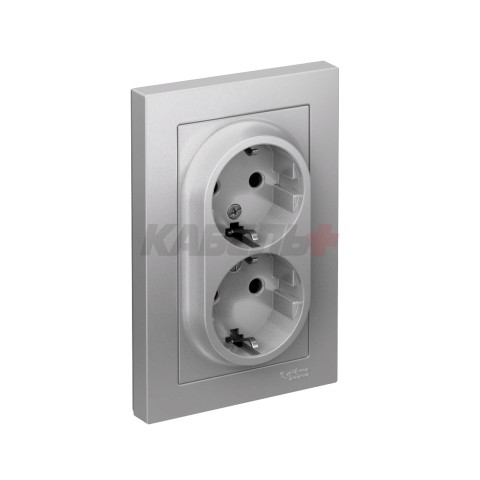 ATLASDESIGN РОЗЕТКА двойная с заземлением со шторками, 16А, в сборе, АЛЮМИНИЙ