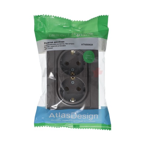 ATLASDESIGN РОЗЕТКА двойная с заземлением без шторок, 16А, в сборе, МОККО