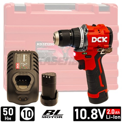 Дрель-шуруповерт аккумуляторная KDJZ1250 (10,8V / 2*2.0Ah / 50Nm / BL / Кейс), DCK