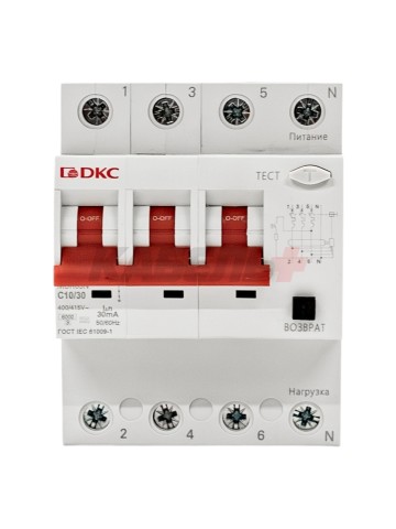 Дифавтомат YON max типа MDR, 3P+N, 30mA, 10A, хар-ка C, 6kA, тип A DKC