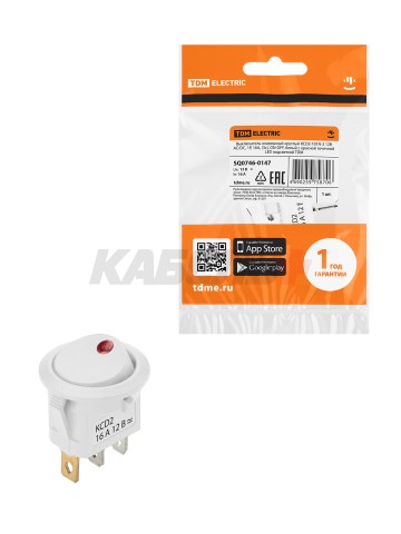 KCD2-101N-2 12В AC/DC, 1P, 16А, (3с), ON-OFF, белый с красной точечной LED подсветкой TDM