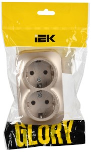 GLORY Розетка 2-местная для открытой установки с заземлением без защитных шторок 16А РС22-3-ХШм шампань матовый IEK