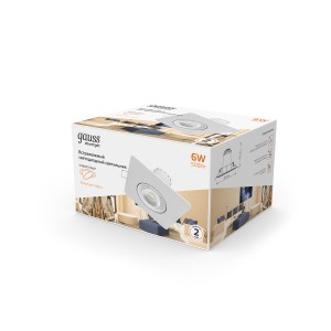 Светильник Gauss Downlight квадрат 6W 500lm 3000K 100-265V IP20 монтаж Ø65 90*56мм белый LED 1/40