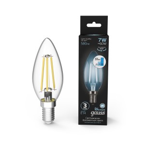 Лампа Gauss Filament Свеча 7W 580lm 4100К Е14 LED 1/10/50