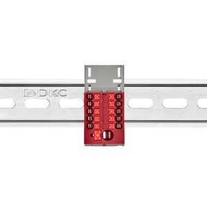 Блок распределительный с верт. адаптером на рейки шириной 15/35мм, зажим push-in, 1 ввод 6 кв.мм, 10 точек подключения 2,5 кв.мм, красный DKC