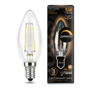 Лампа Gauss Filament Свеча 5W 420lm 2700К Е14 LED 1/10/50
