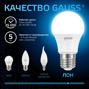 Лампа Gauss A60 10W 920lm 6500K E27 LED 1/10/50