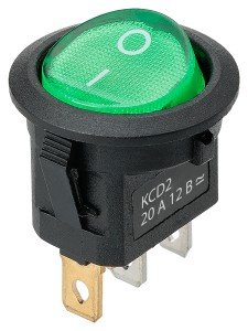 KCD2-101N 12В AC/DC, 1P, 20А, (3с), ON-OFF, черный корпус, зеленая клавиша, c LED подсв., TDM