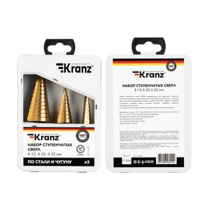 Набор ступенчатых сверл, 4-12,4-20,4-32мм, HSS-TiN, ТИТАН, 3 шт. KRANZ