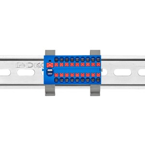 Блок распределительный с гориз. адаптером на рейку шириной 35мм, зажим push-in, 1 ввод 6 кв.мм, 18 точек подключения 2,5 кв.мм, синий DKC