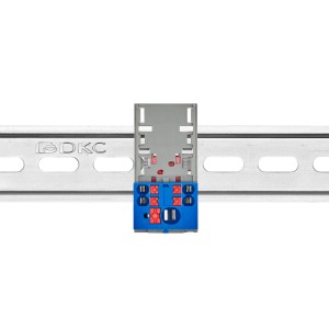 Блок распределительный с верт. адаптером на рейки шириной 15/35мм, зажим push-in, 1 ввод 6 кв.мм, 4 точки подключения 2,5 кв.мм, синий DKC