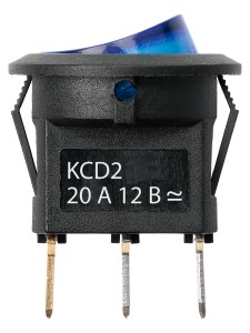 KCD2-101N 12В AC/DC, 1P, 20А, (3с), ON-OFF, черный корпус, синяя клавиша, с LED подсв. TDM