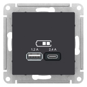 ATLASDESIGN USB РОЗЕТКА А+С, 5В/2,4А, 2х5В/1,2А, механизм, КАРБОН